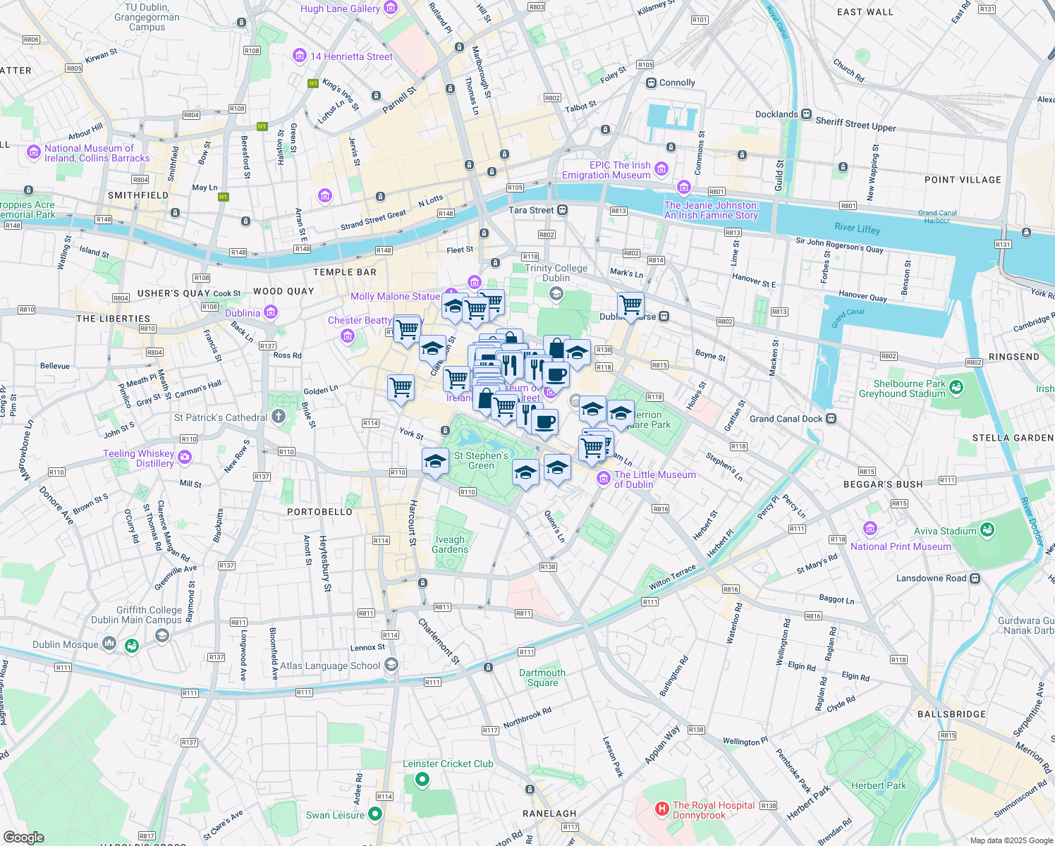 map of restaurants, bars, coffee shops, grocery stores, and more near 17 Kildare Street in Dublin