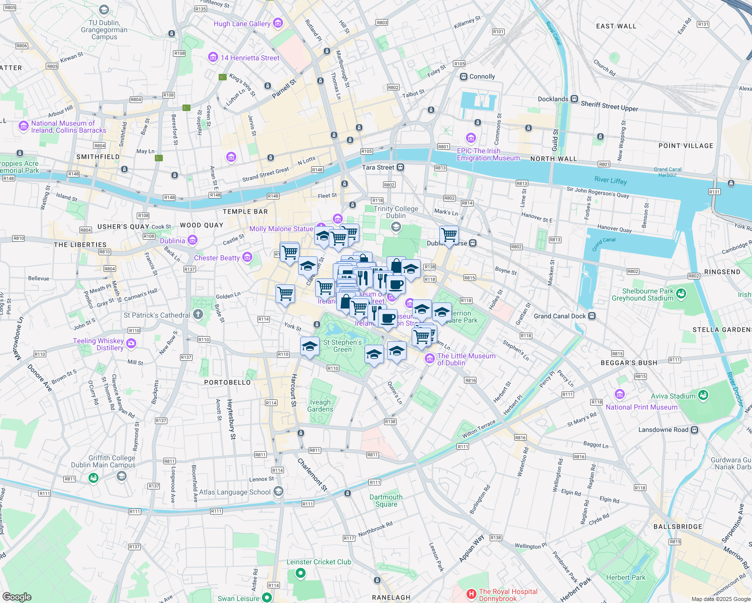 map of restaurants, bars, coffee shops, grocery stores, and more near in Dublin