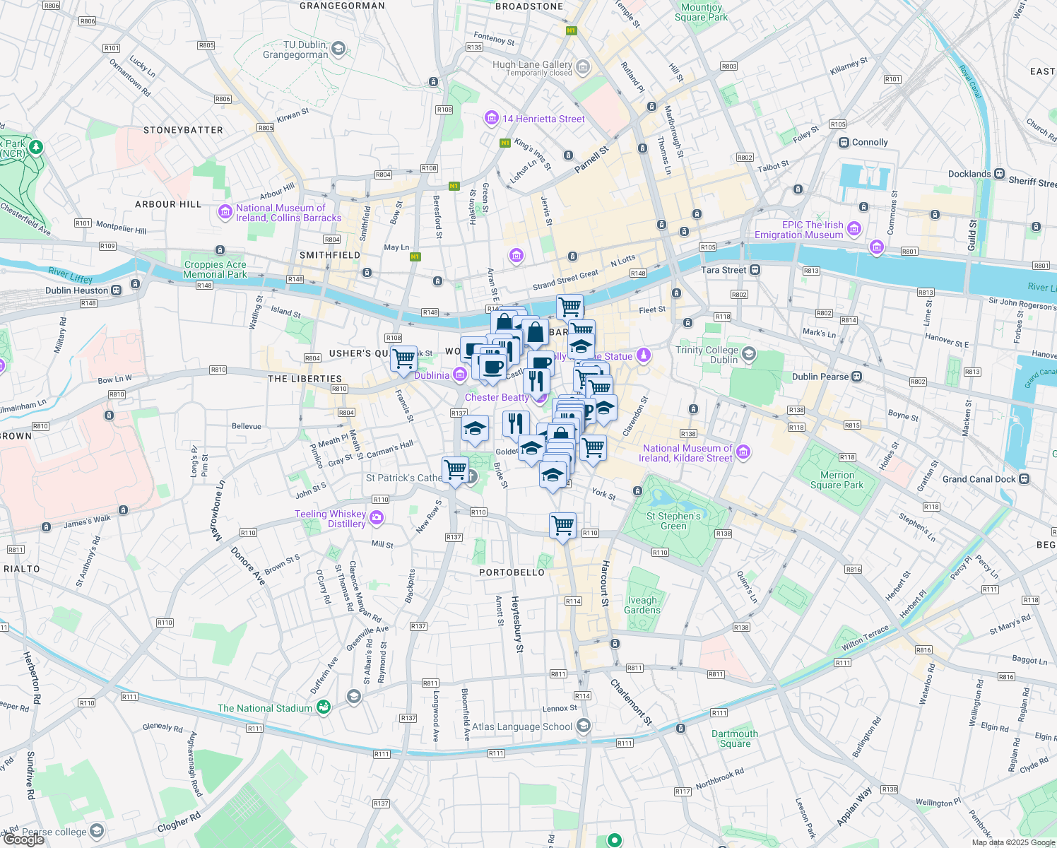 map of restaurants, bars, coffee shops, grocery stores, and more near in 