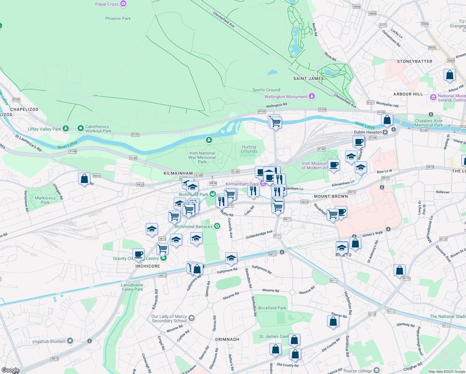 map of restaurants, bars, coffee shops, grocery stores, and more near Inchicore Road in Dublin
