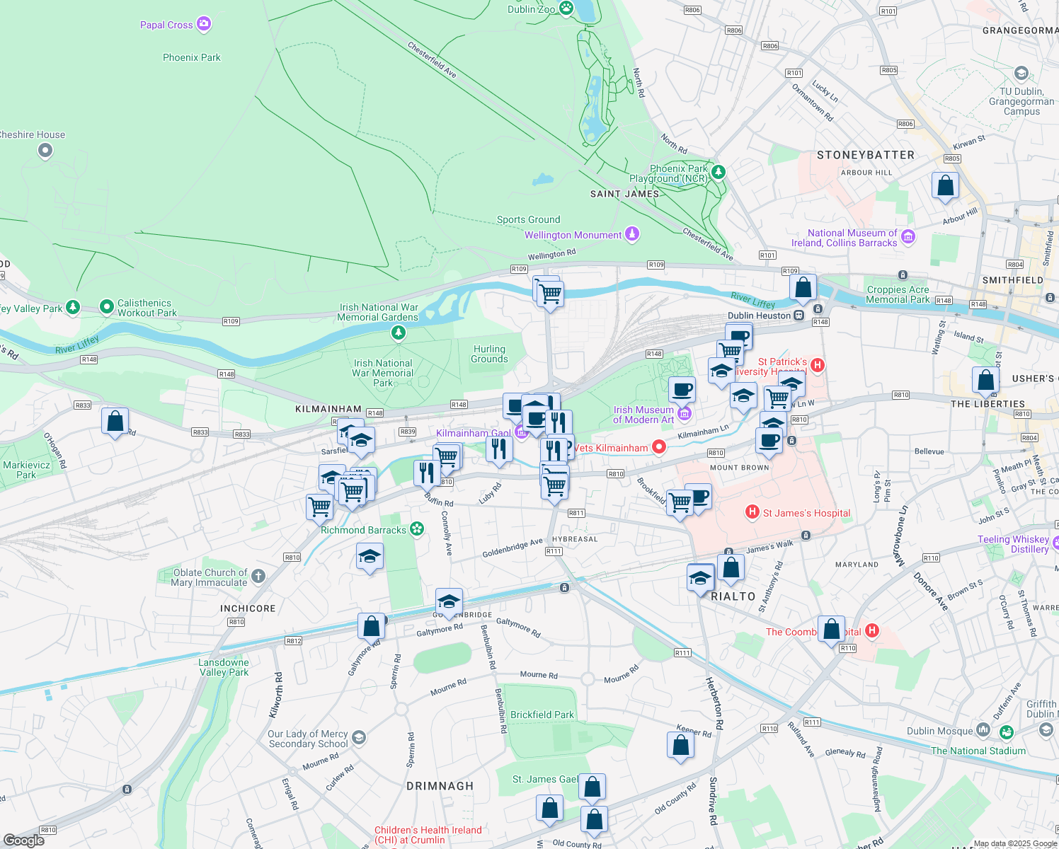 map of restaurants, bars, coffee shops, grocery stores, and more near Inchicore Road in Dublin