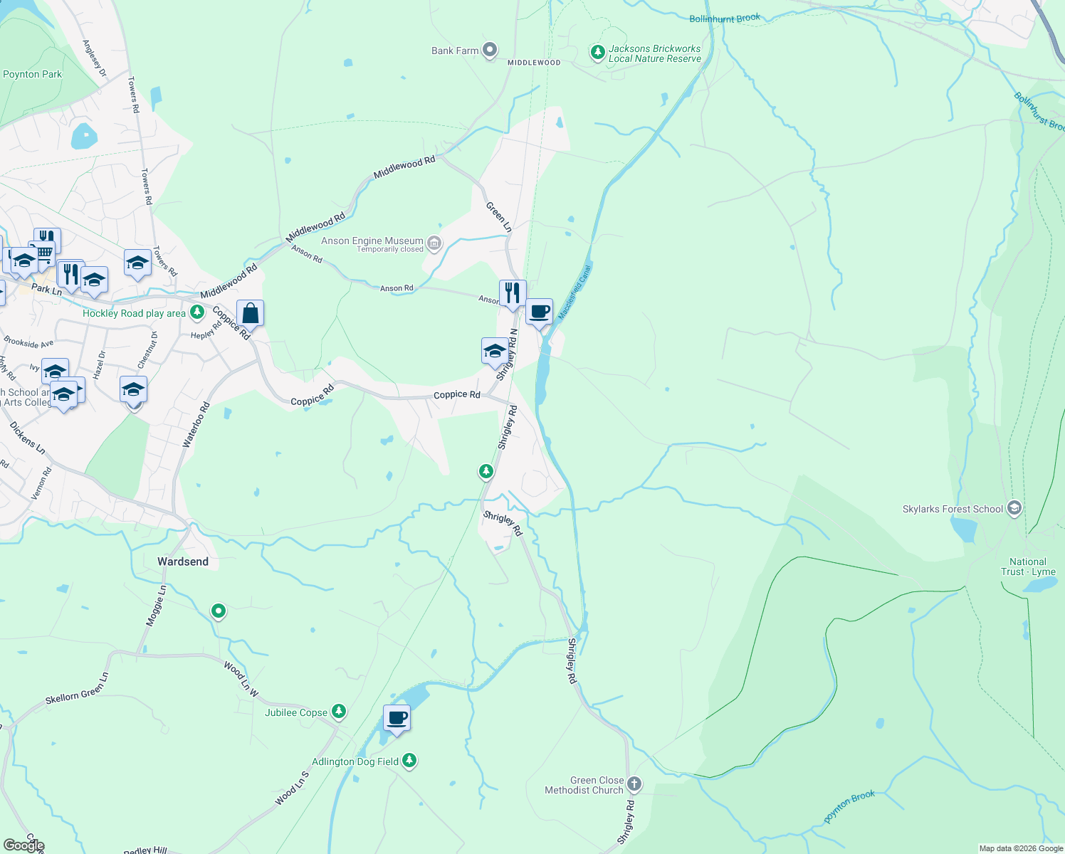 map of restaurants, bars, coffee shops, grocery stores, and more near in Poynton