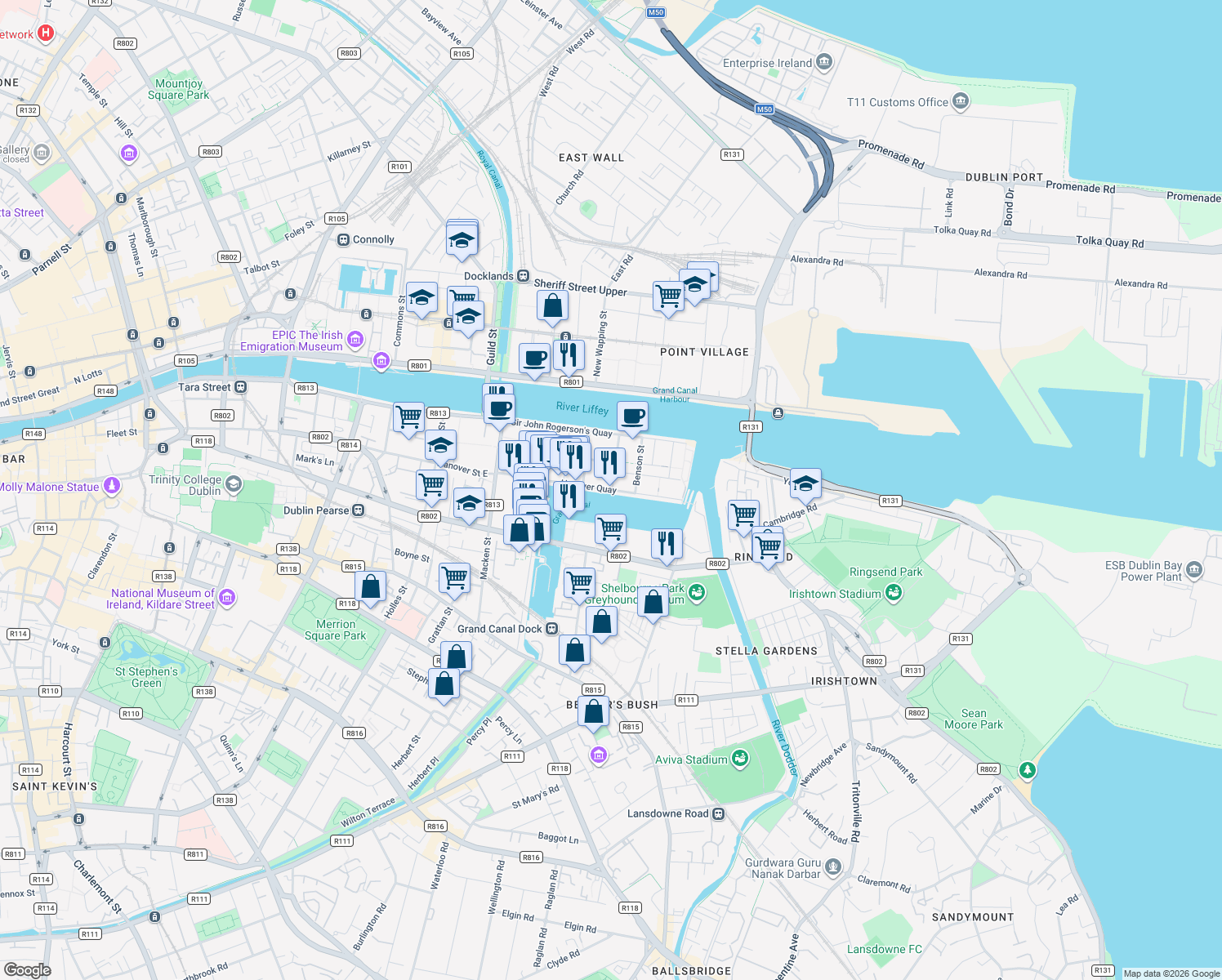 map of restaurants, bars, coffee shops, grocery stores, and more near Hanover Quay in Dublin