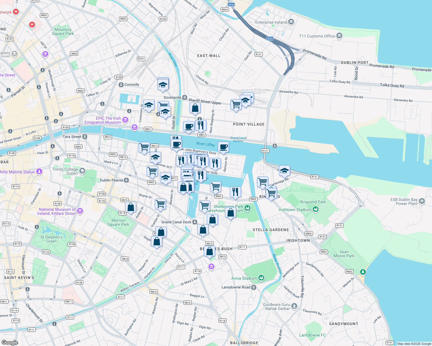 map of restaurants, bars, coffee shops, grocery stores, and more near Hanover Quay in Dublin