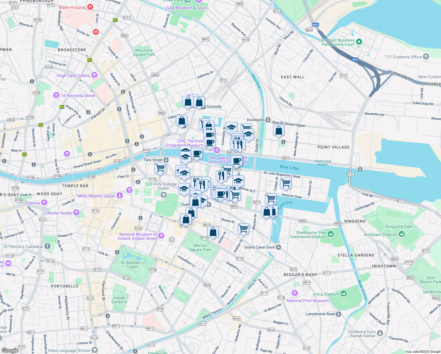 map of restaurants, bars, coffee shops, grocery stores, and more near 1 Windmill Lane in Dublin