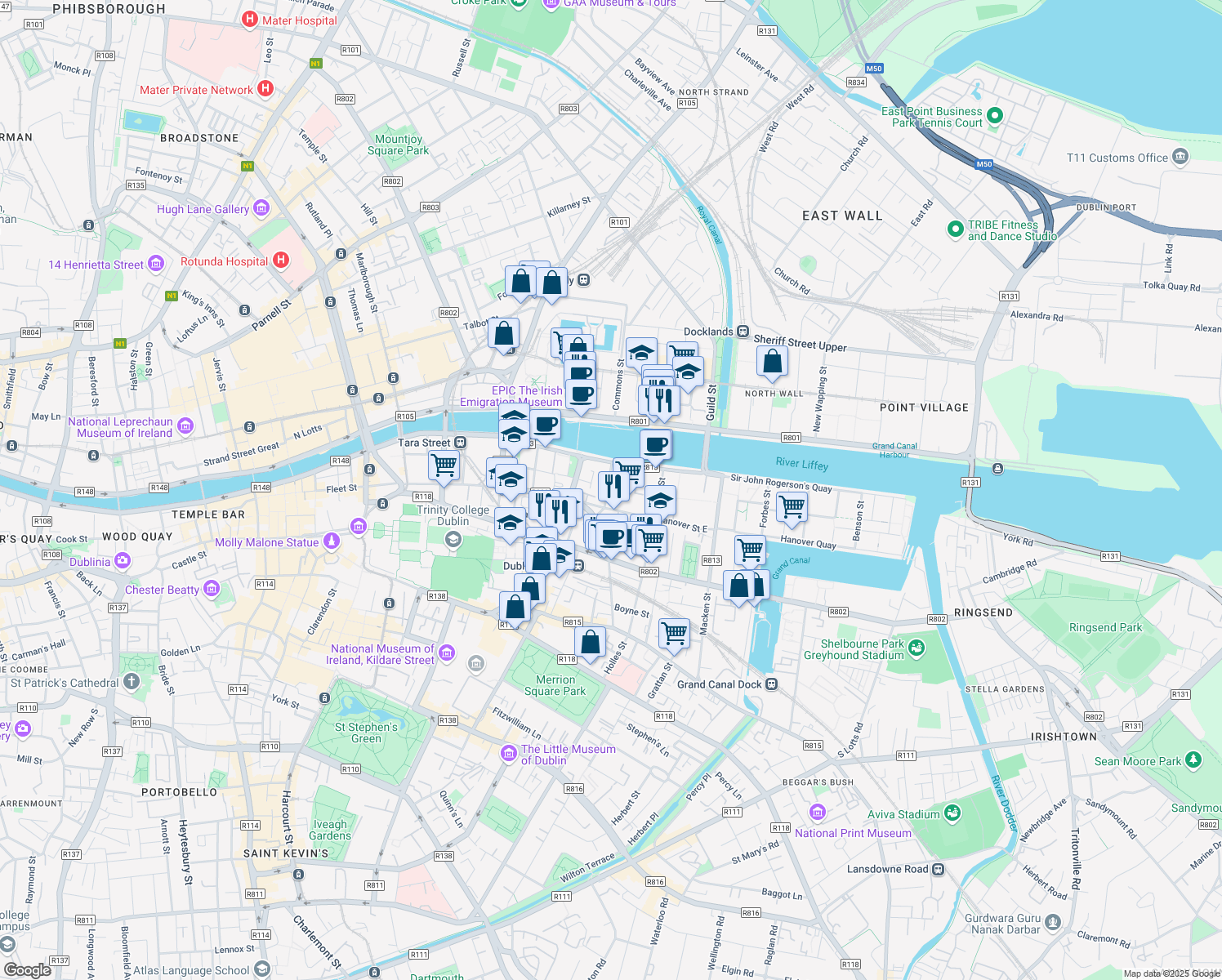 map of restaurants, bars, coffee shops, grocery stores, and more near 1 Windmill Lane in Dublin