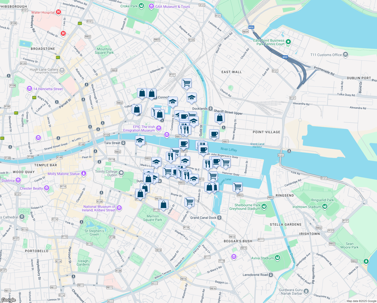 map of restaurants, bars, coffee shops, grocery stores, and more near 25 Sir John Rogerson's Quay in Dublin