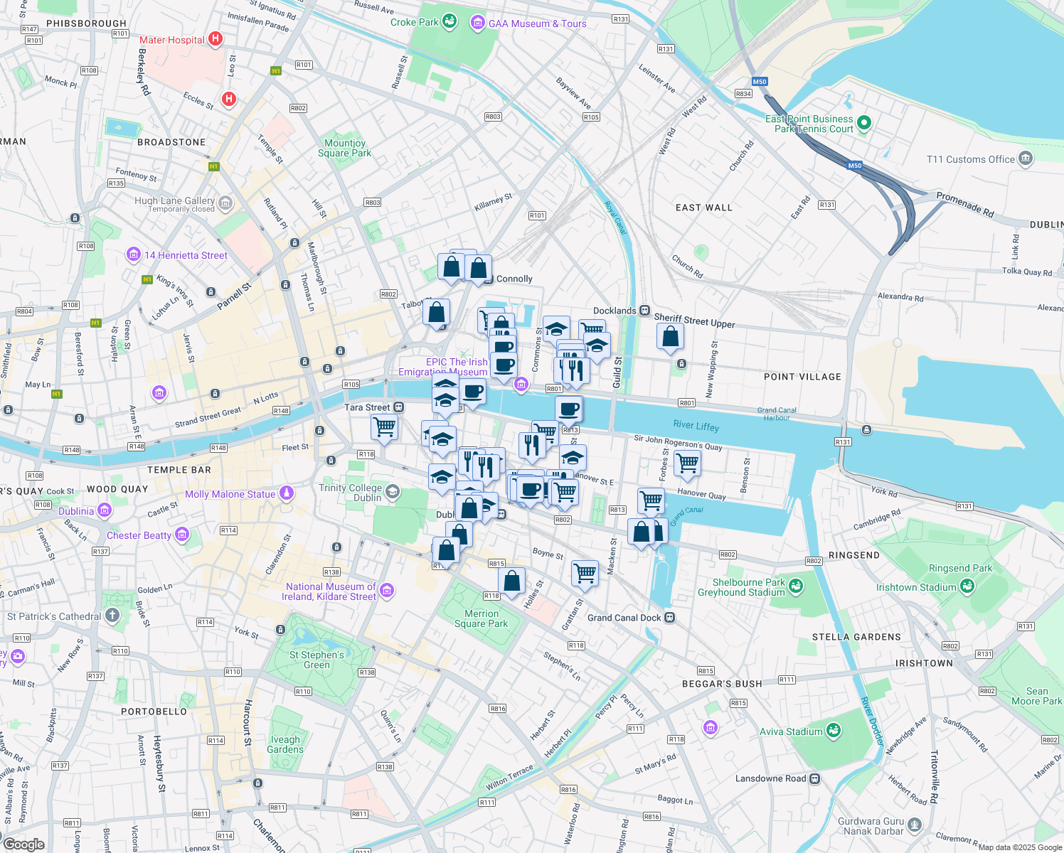 map of restaurants, bars, coffee shops, grocery stores, and more near 1 Sir John Rogerson's Quay in Dublin