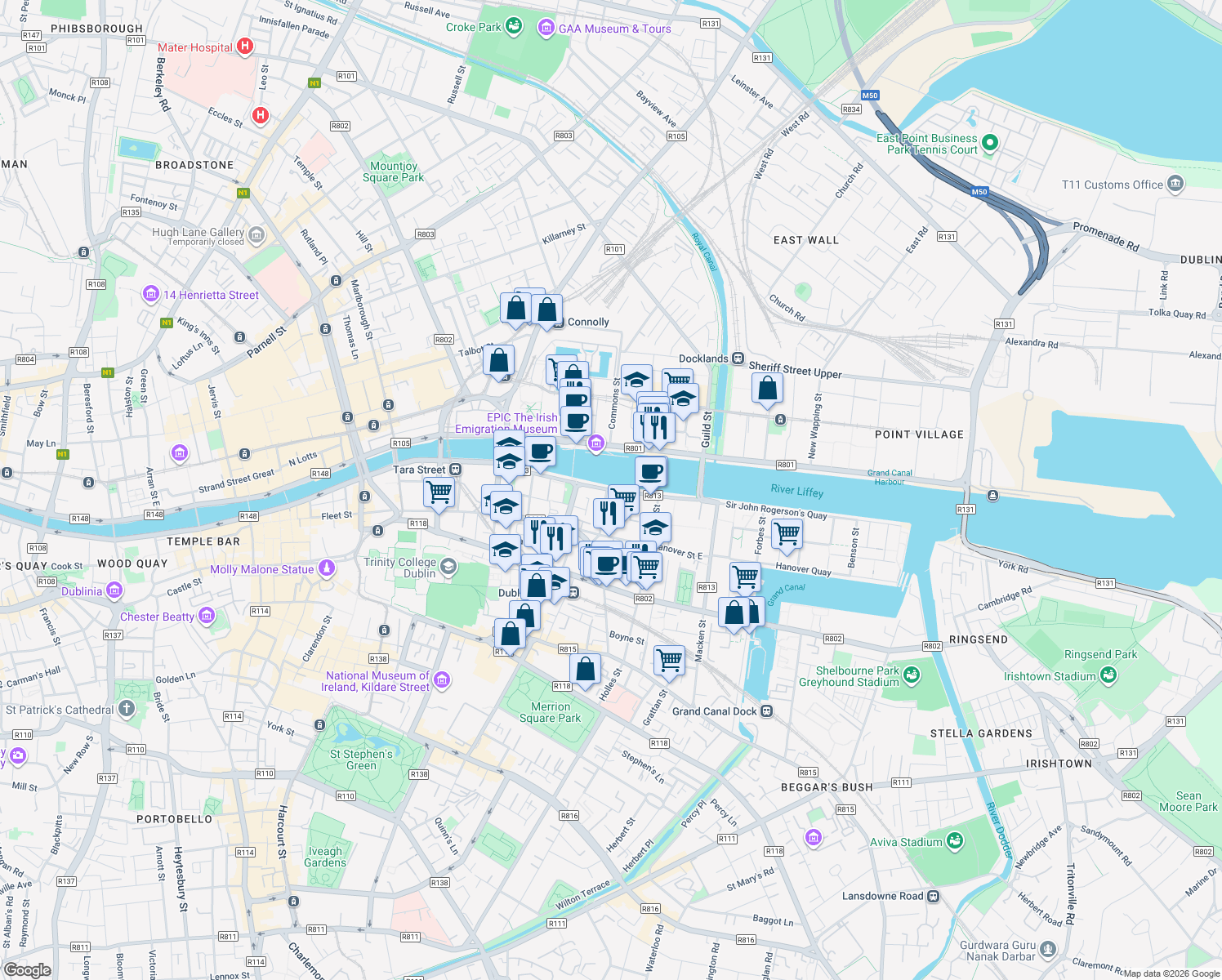 map of restaurants, bars, coffee shops, grocery stores, and more near 1 Sir John Rogerson's Quay in Dublin