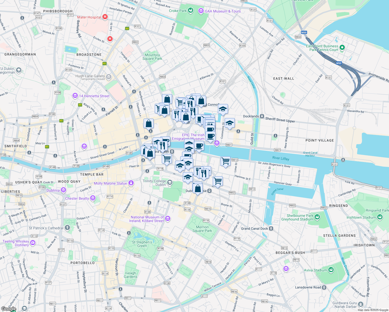 map of restaurants, bars, coffee shops, grocery stores, and more near 13 City Quay in Dublin
