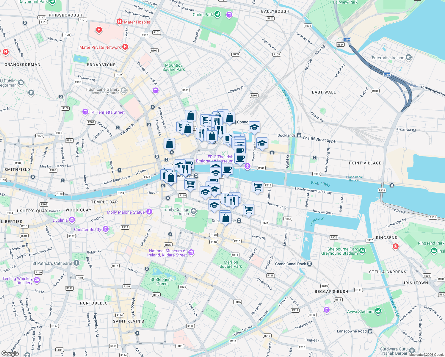 map of restaurants, bars, coffee shops, grocery stores, and more near 13 City Quay in Dublin
