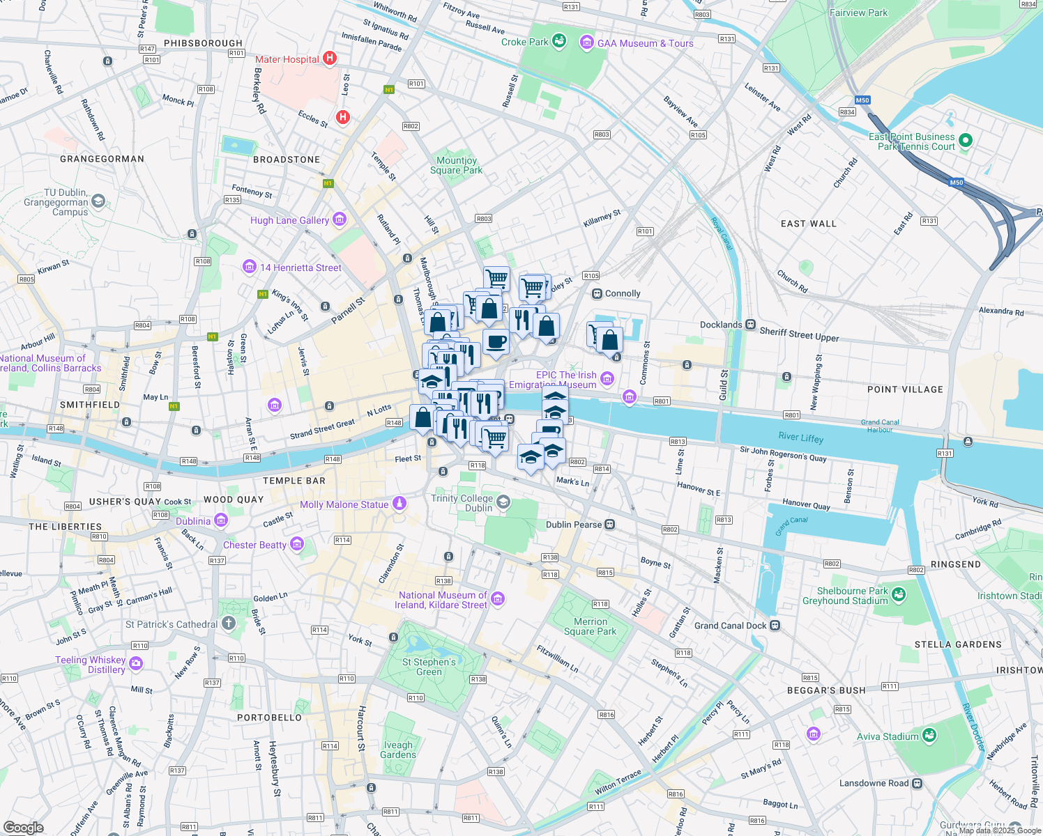 map of restaurants, bars, coffee shops, grocery stores, and more near 15 George's Quay in Dublin