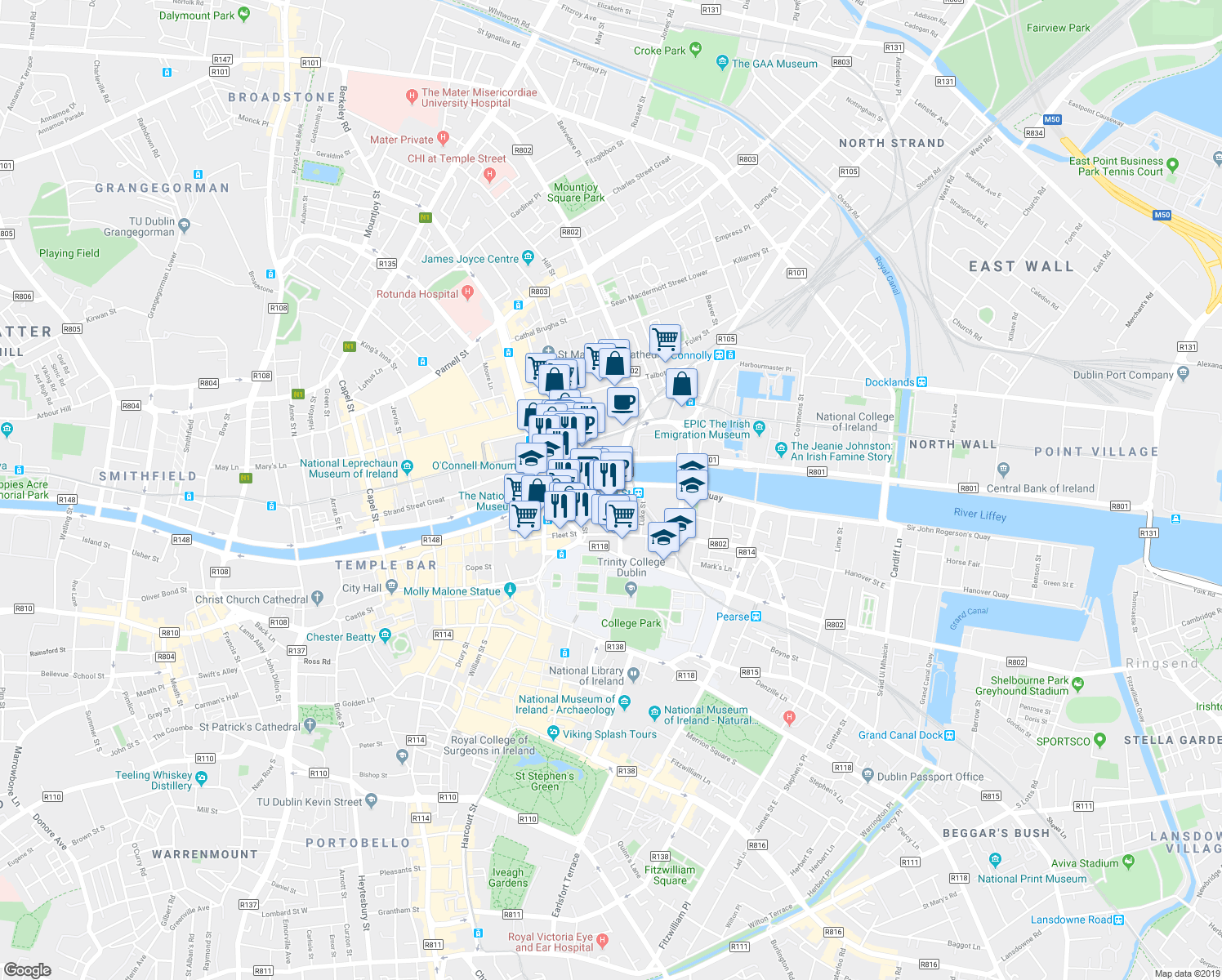 map of restaurants, bars, coffee shops, grocery stores, and more near George's Quay in Dublin