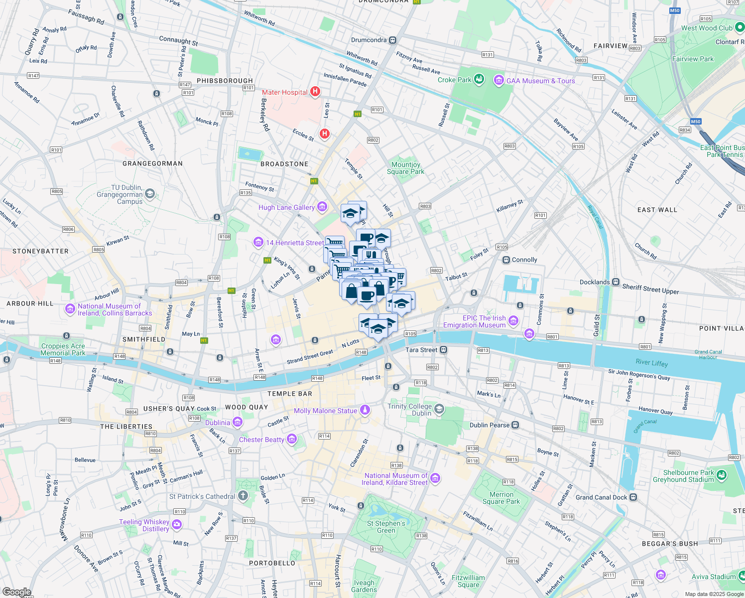 map of restaurants, bars, coffee shops, grocery stores, and more near in Dublin