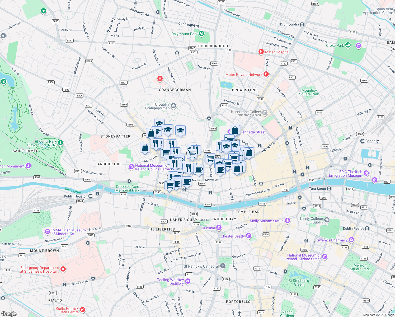 map of restaurants, bars, coffee shops, grocery stores, and more near 48 King Street North in Dublin