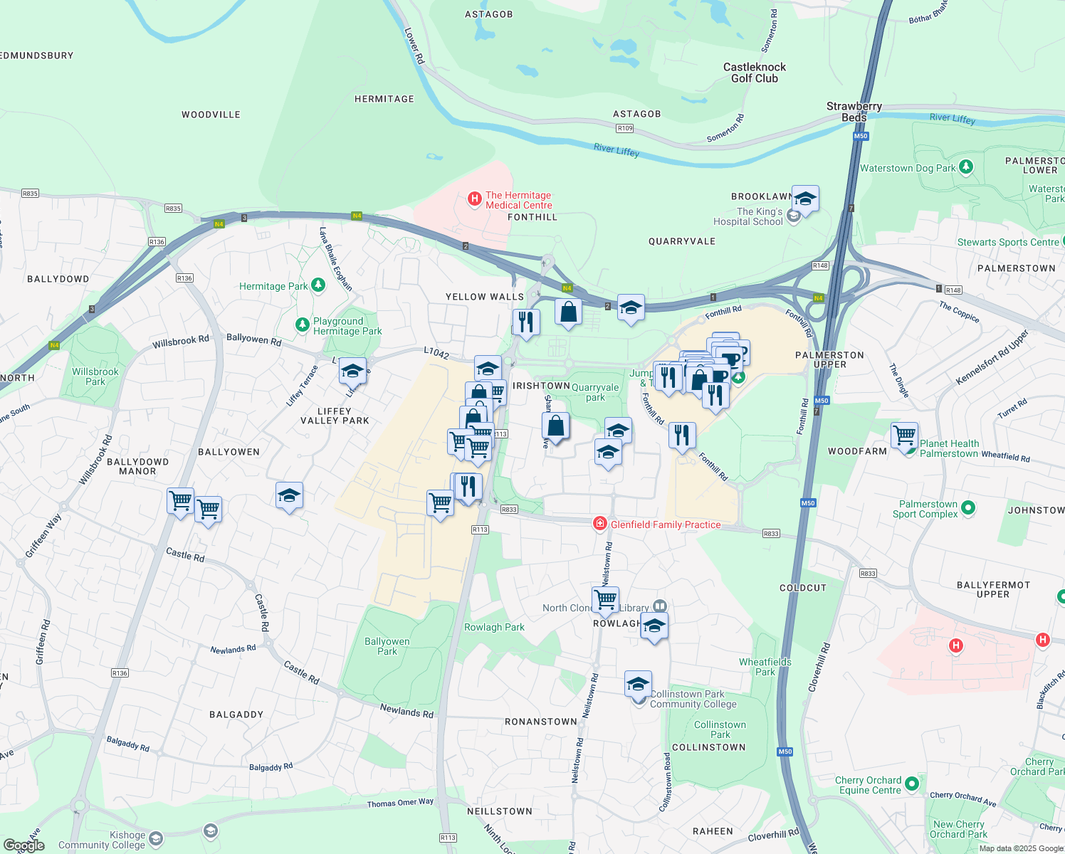 map of restaurants, bars, coffee shops, grocery stores, and more near Shancastle Close in Clondalkin
