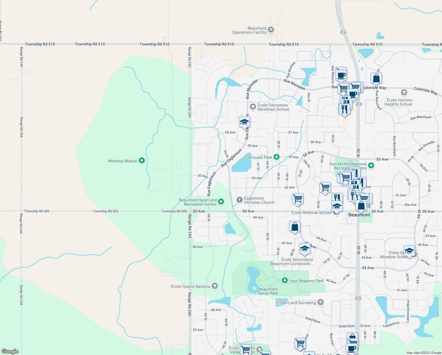 map of restaurants, bars, coffee shops, grocery stores, and more near 5301 Rue Eaglemont in Beaumont