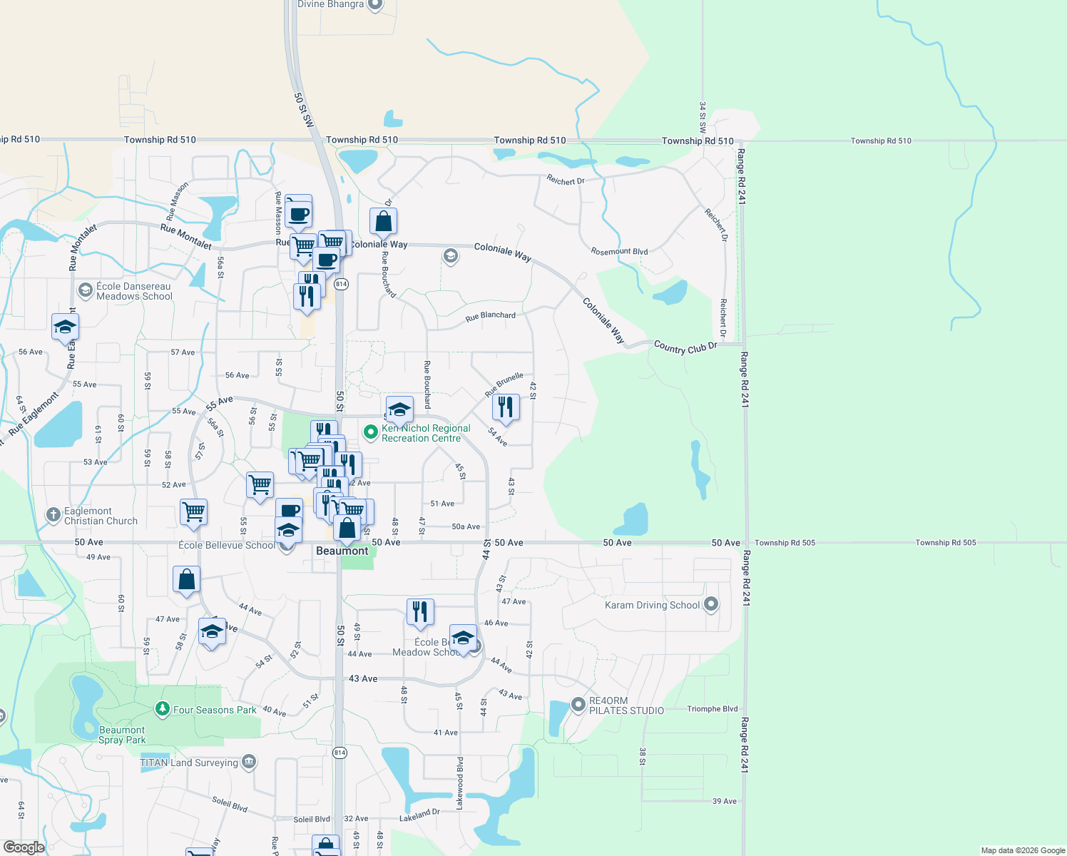 map of restaurants, bars, coffee shops, grocery stores, and more near 5401-5407 42 Street in Beaumont