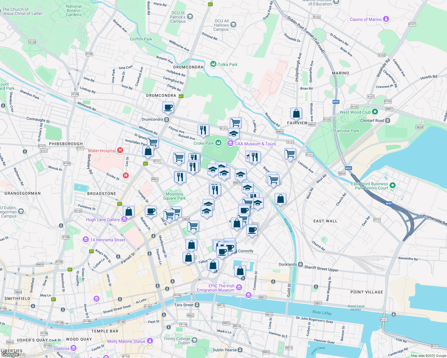 map of restaurants, bars, coffee shops, grocery stores, and more near 20 Richmond Street North in Dublin