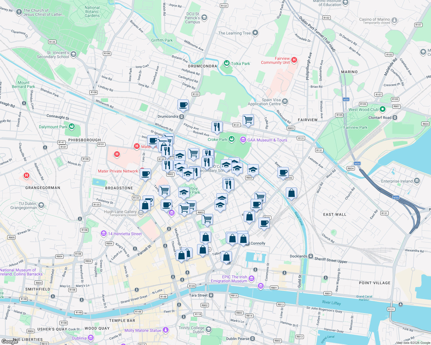 map of restaurants, bars, coffee shops, grocery stores, and more near North Circular Road in Dublin