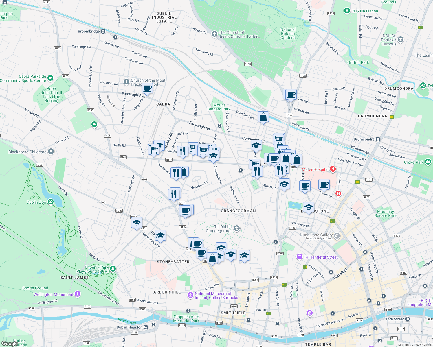 map of restaurants, bars, coffee shops, grocery stores, and more near Charleville Road in Dublin