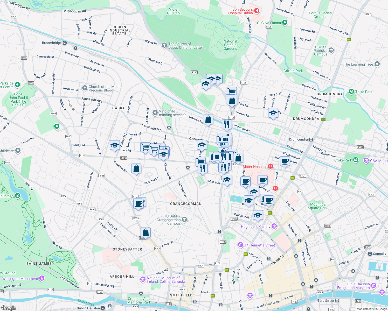 map of restaurants, bars, coffee shops, grocery stores, and more near Cabra Park in Dublin