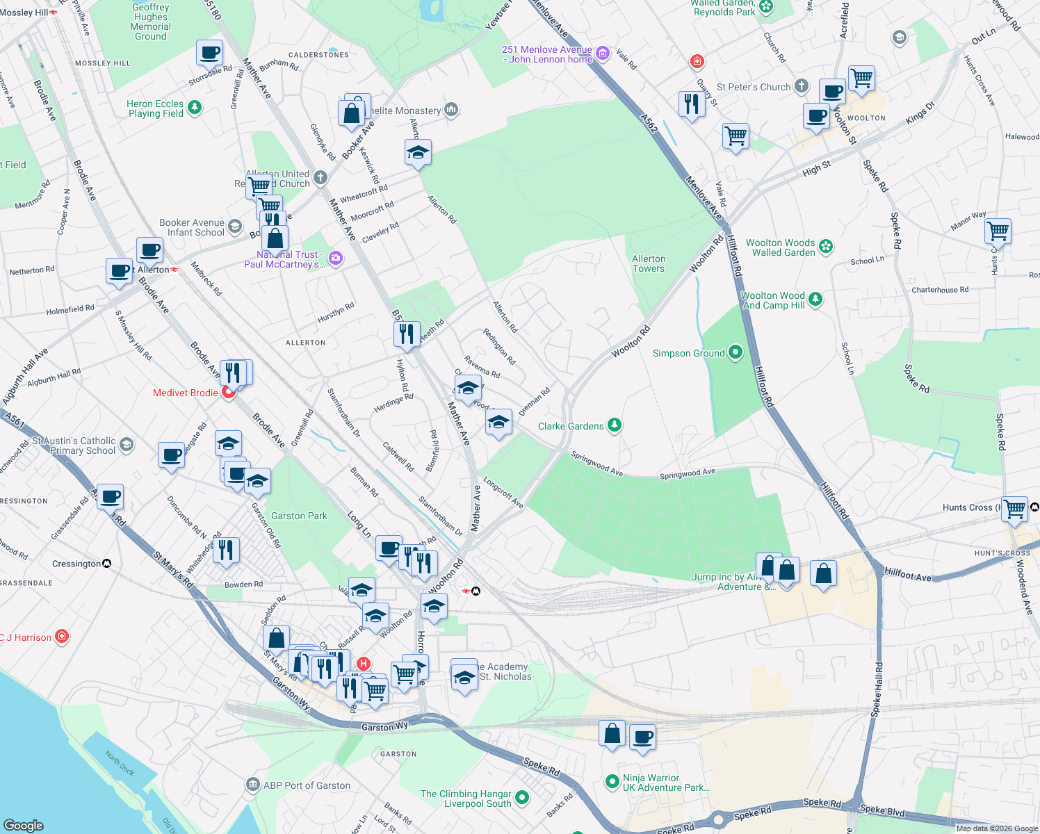 map of restaurants, bars, coffee shops, grocery stores, and more near 0 Drennan Road in Merseyside