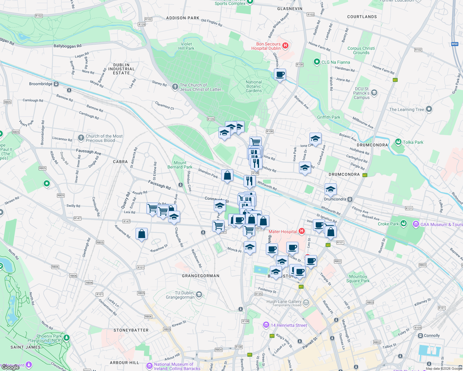 map of restaurants, bars, coffee shops, grocery stores, and more near Leinster Street North in Dublin