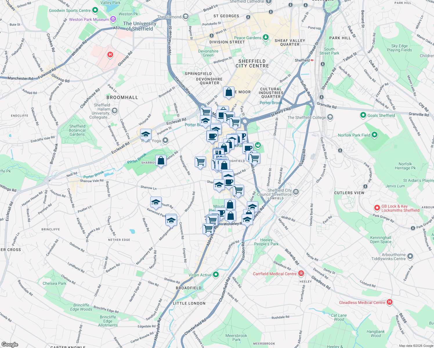 map of restaurants, bars, coffee shops, grocery stores, and more near Grosvenor Square in South Yorkshire