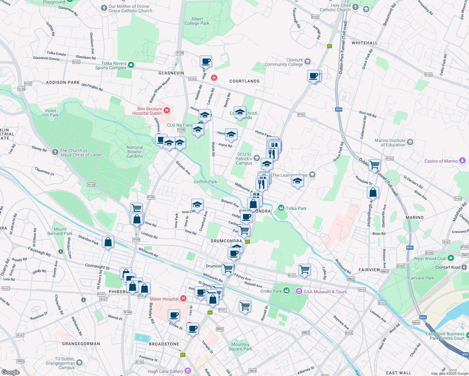 map of restaurants, bars, coffee shops, grocery stores, and more near 61 Millmount Avenue in Drumcondra