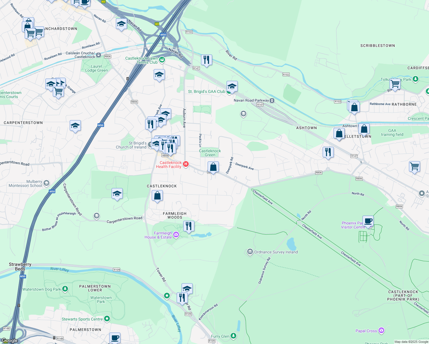map of restaurants, bars, coffee shops, grocery stores, and more near Castleknock Road in Dublin