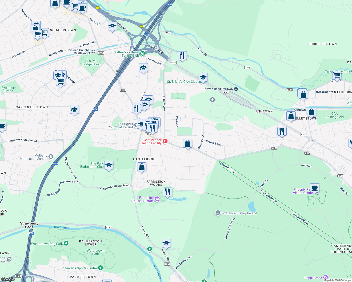 map of restaurants, bars, coffee shops, grocery stores, and more near 1 Stockton Grove in Castleknock