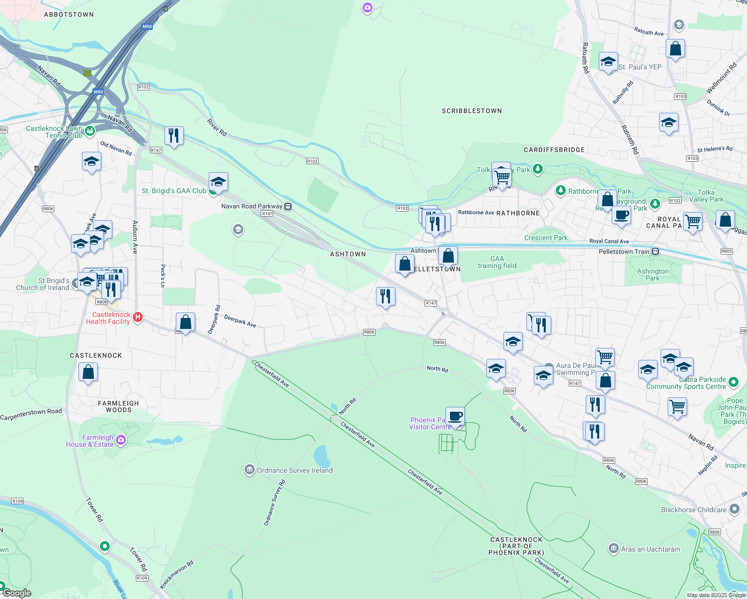 map of restaurants, bars, coffee shops, grocery stores, and more near Castleknock Road in Dublin