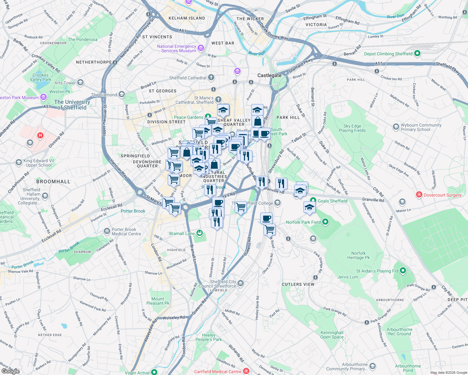 map of restaurants, bars, coffee shops, grocery stores, and more near Matilda Street in South Yorkshire