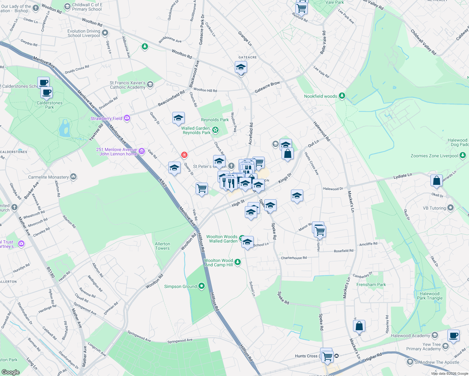map of restaurants, bars, coffee shops, grocery stores, and more near in Liverpool