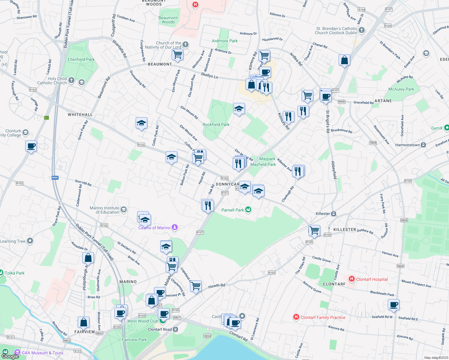 map of restaurants, bars, coffee shops, grocery stores, and more near 9 Collins Avenue in Dublin