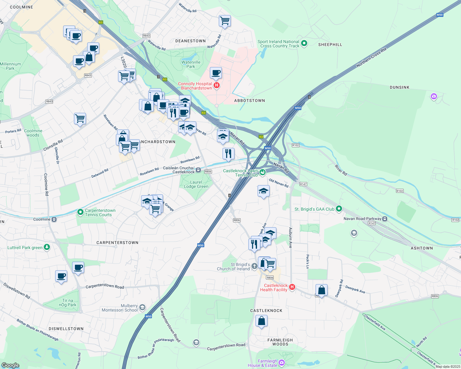 map of restaurants, bars, coffee shops, grocery stores, and more near Ashleigh Green in Castleknock