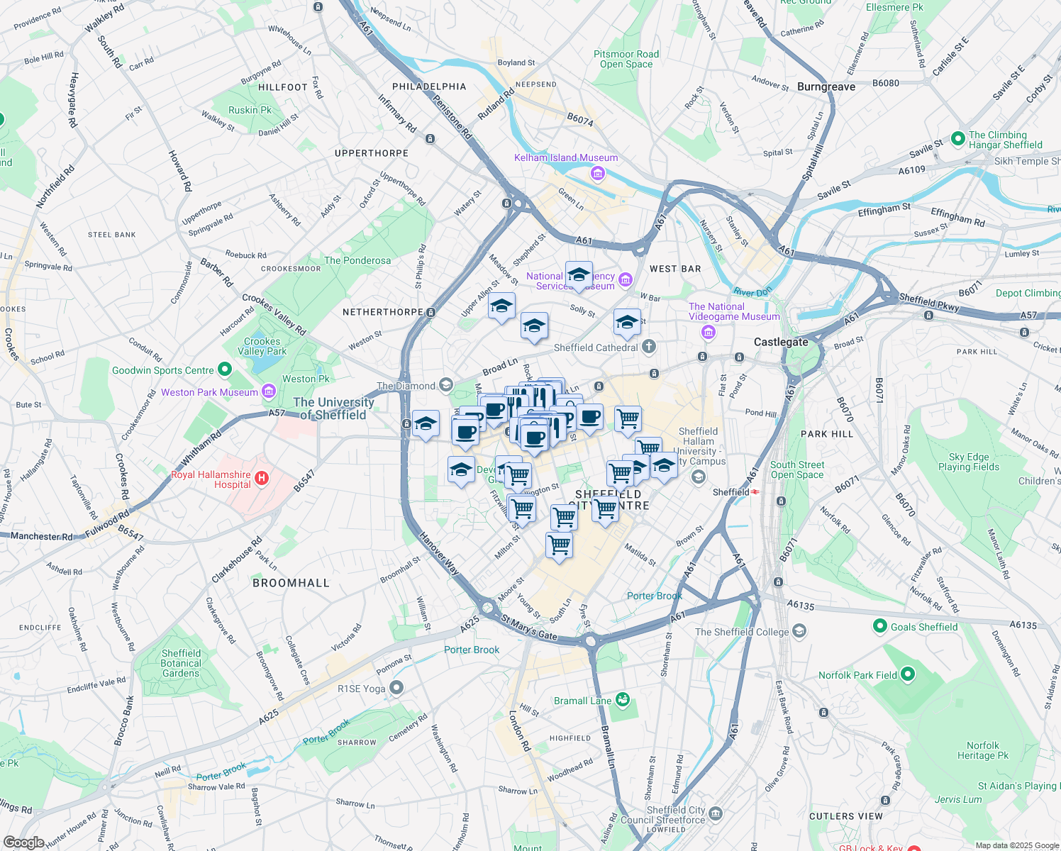 map of restaurants, bars, coffee shops, grocery stores, and more near 123 West Street in South Yorkshire