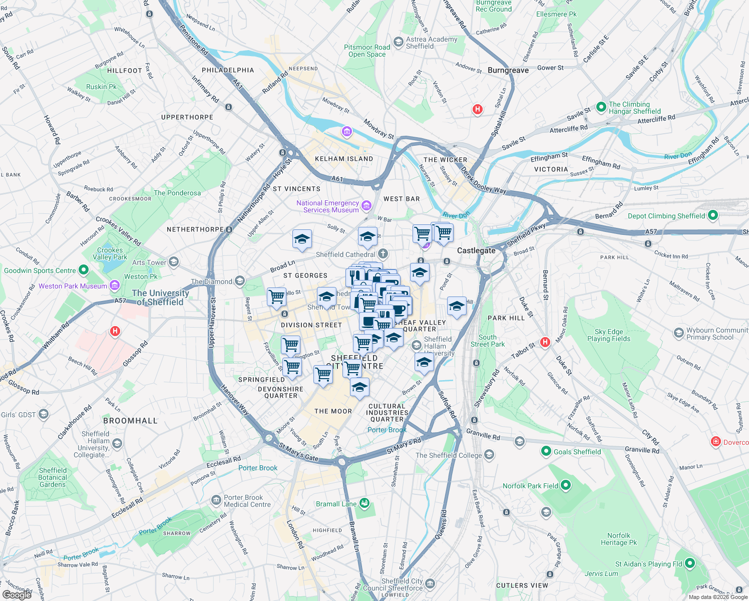 map of restaurants, bars, coffee shops, grocery stores, and more near in Sheffield