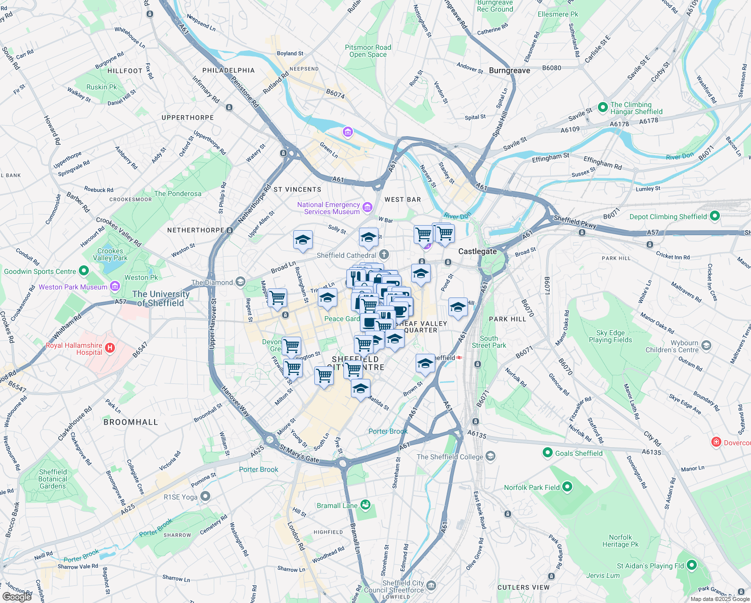 map of restaurants, bars, coffee shops, grocery stores, and more near in Sheffield