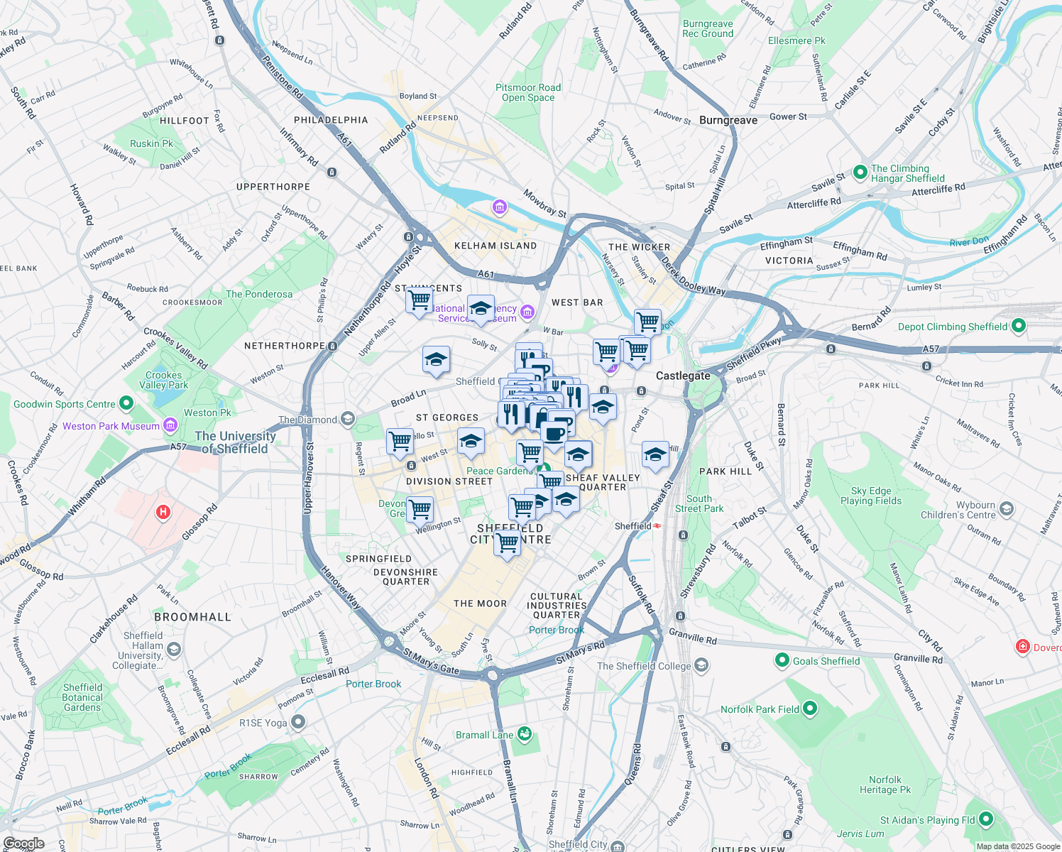 map of restaurants, bars, coffee shops, grocery stores, and more near 24-26 Orchard Square in South Yorkshire