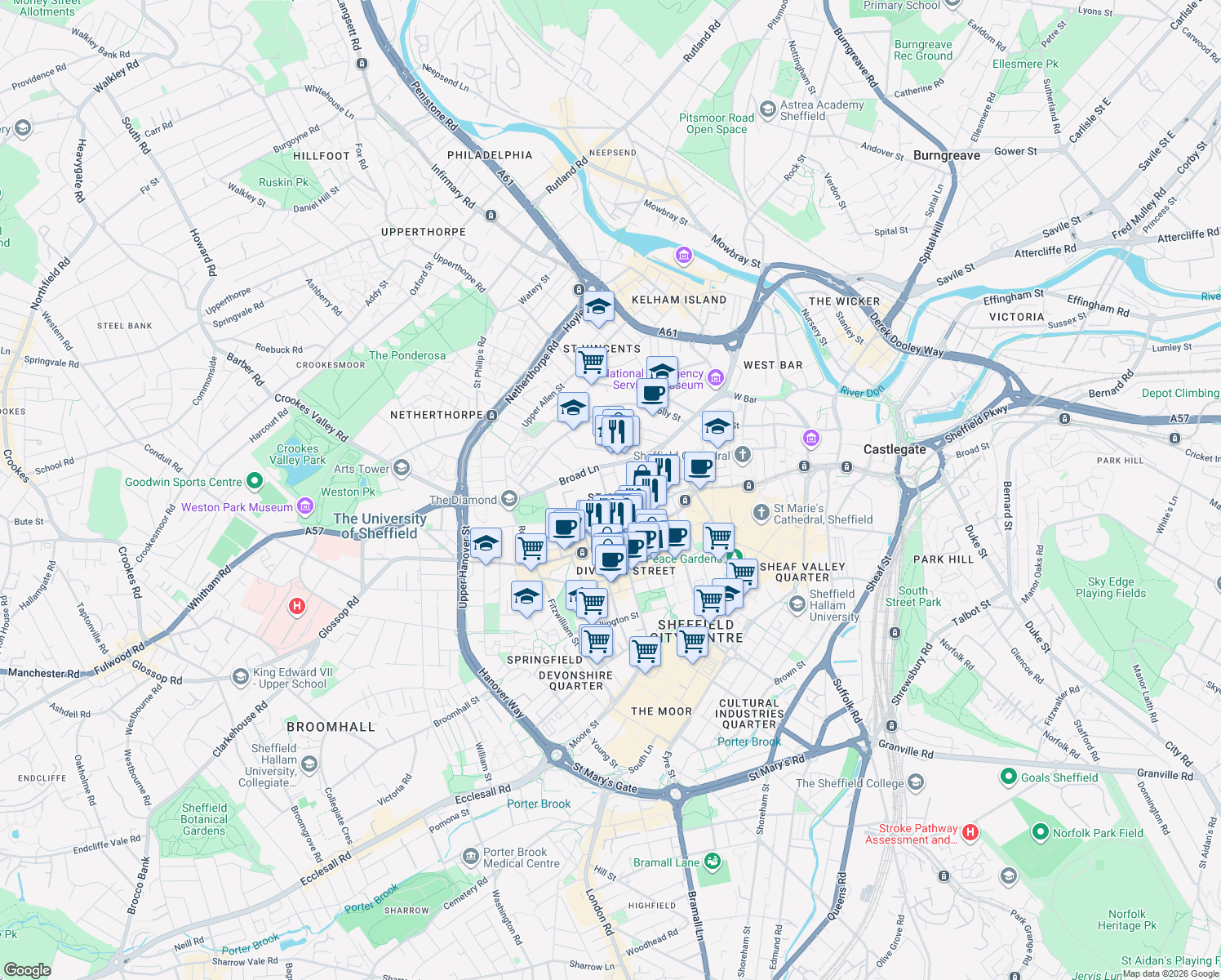 map of restaurants, bars, coffee shops, grocery stores, and more near 29 Rockingham Street in South Yorkshire