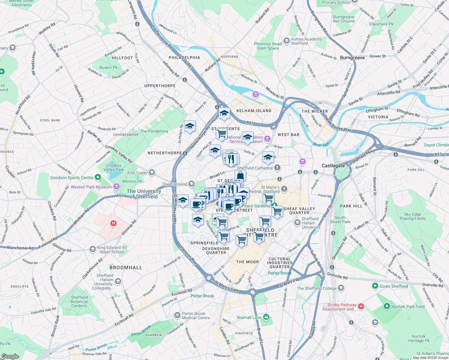 map of restaurants, bars, coffee shops, grocery stores, and more near 4 Rockingham Street in South Yorkshire