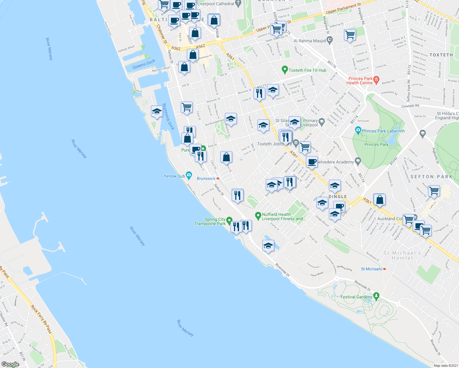 map of restaurants, bars, coffee shops, grocery stores, and more near Kaber Court in Merseyside