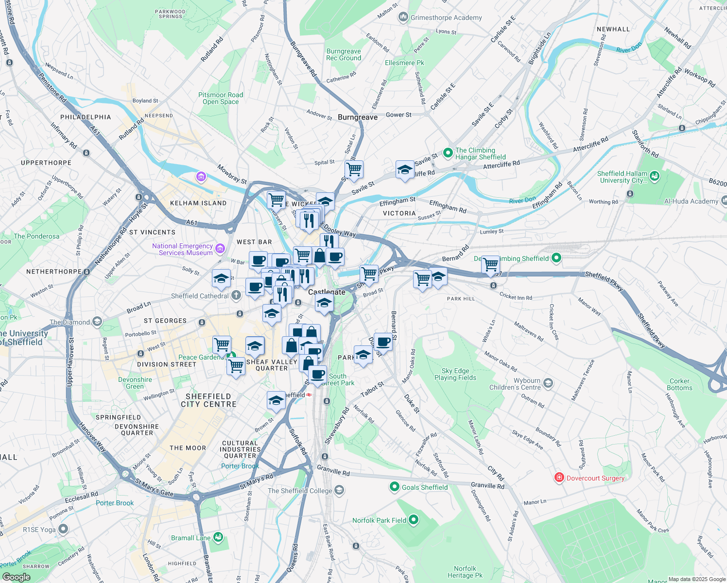 map of restaurants, bars, coffee shops, grocery stores, and more near 1 Blast Lane in South Yorkshire