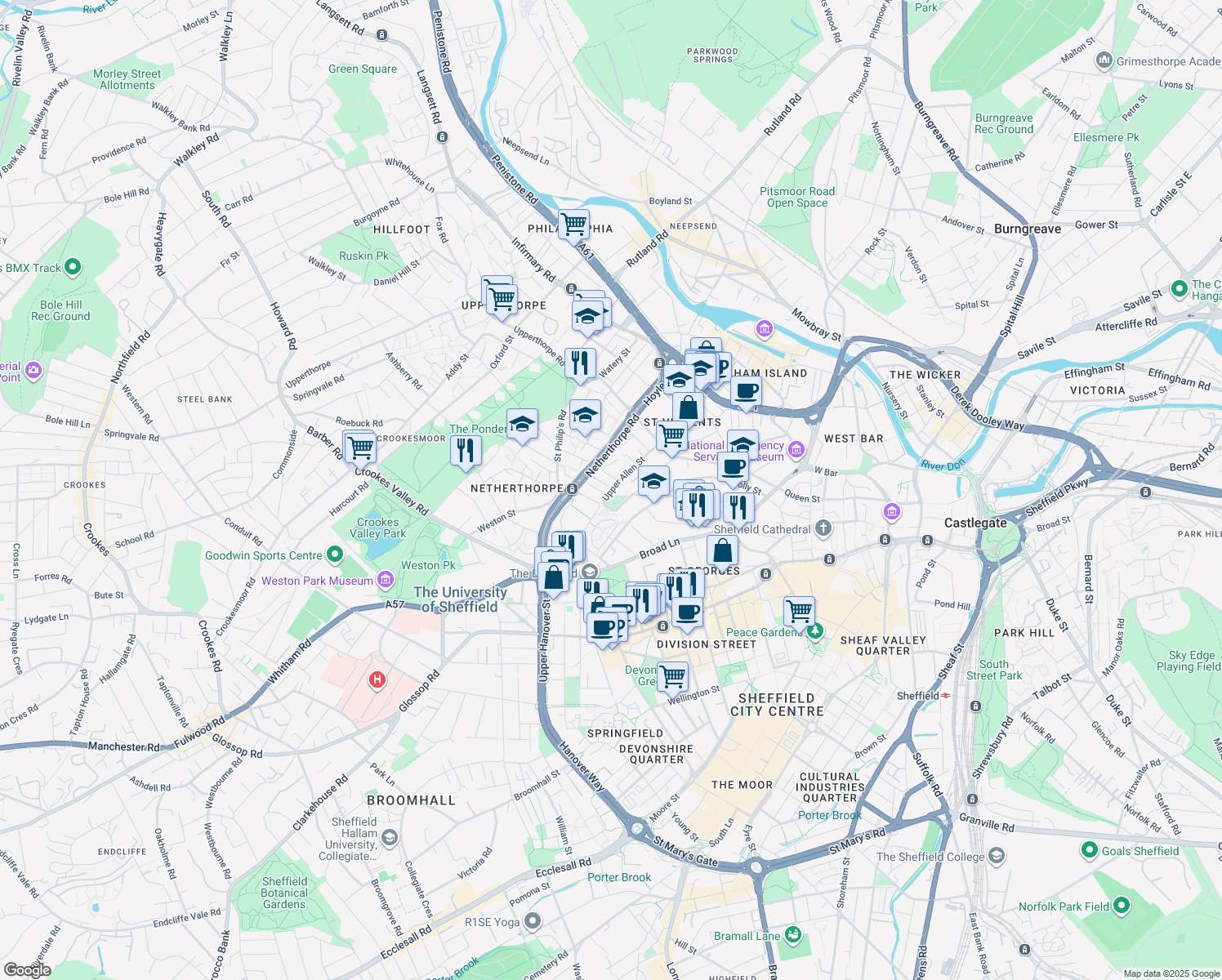 map of restaurants, bars, coffee shops, grocery stores, and more near 191 Upper Allen Street in South Yorkshire