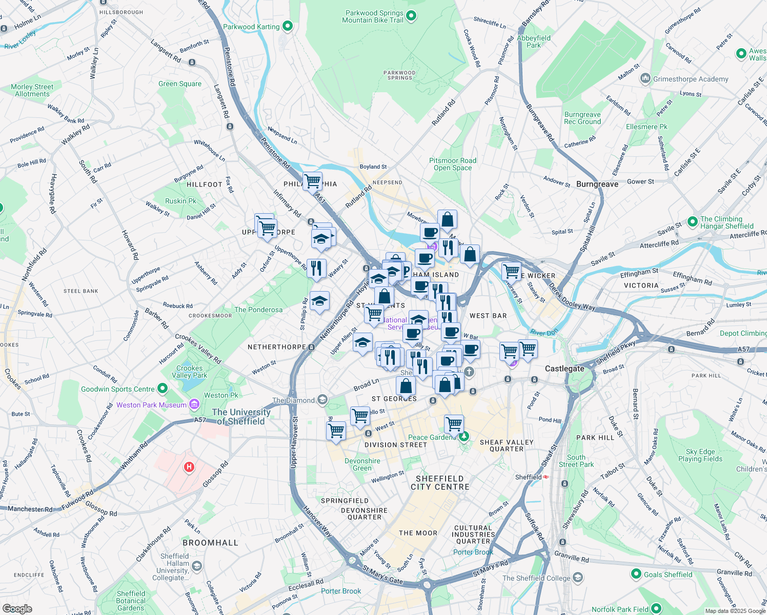 map of restaurants, bars, coffee shops, grocery stores, and more near 70 Allen Street in South Yorkshire