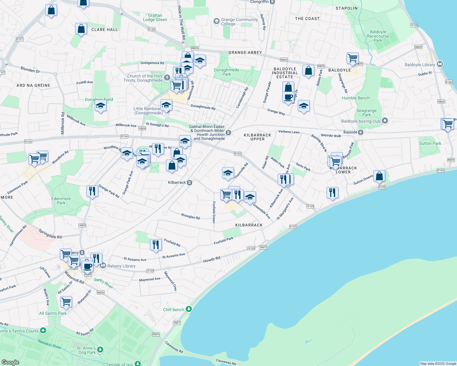 map of restaurants, bars, coffee shops, grocery stores, and more near 5 Thornville Road in Kilbarrack