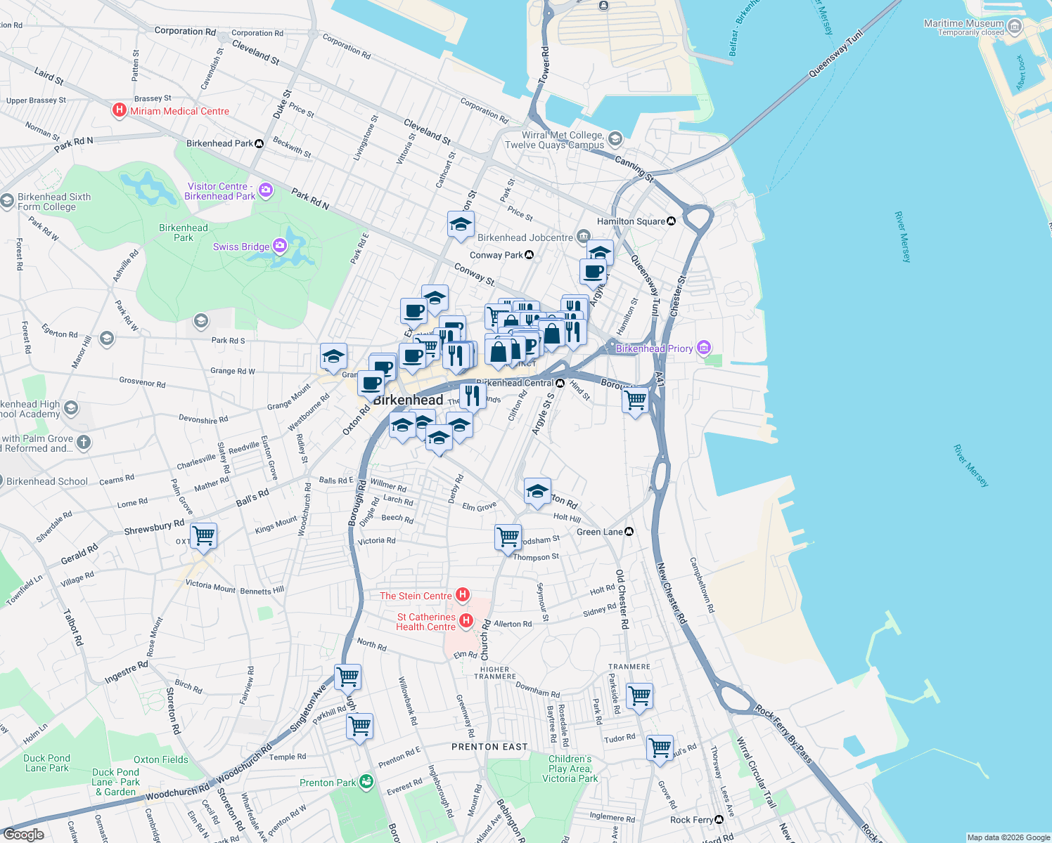 map of restaurants, bars, coffee shops, grocery stores, and more near Rodney Street in Merseyside