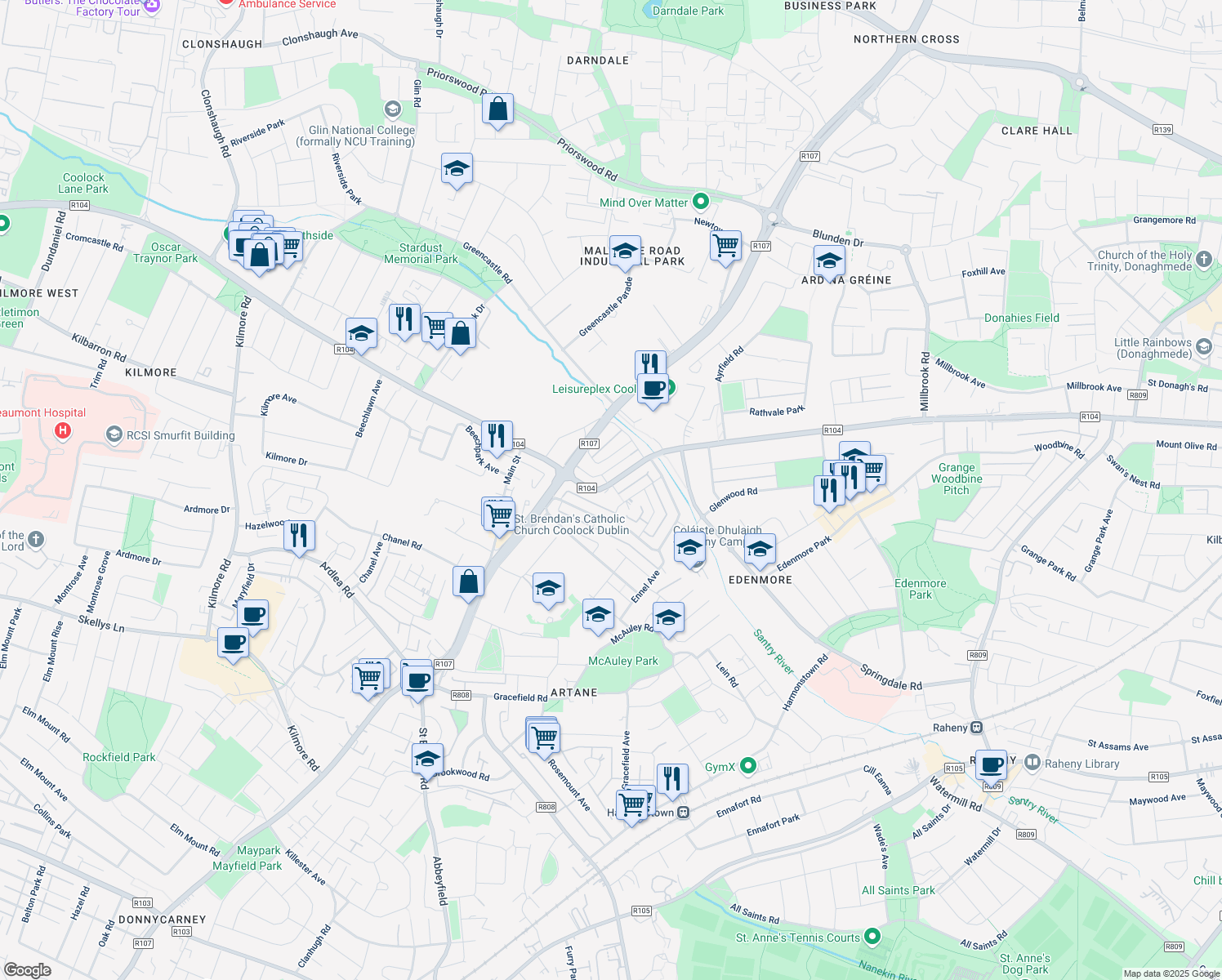 map of restaurants, bars, coffee shops, grocery stores, and more near 44 Tonlegee Road in Coolock